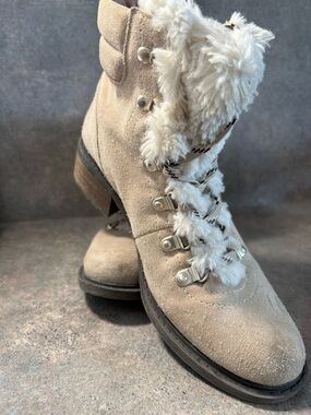 Sam Edelman Beige Faux Fur Suede Lace-Up Ankle Boots